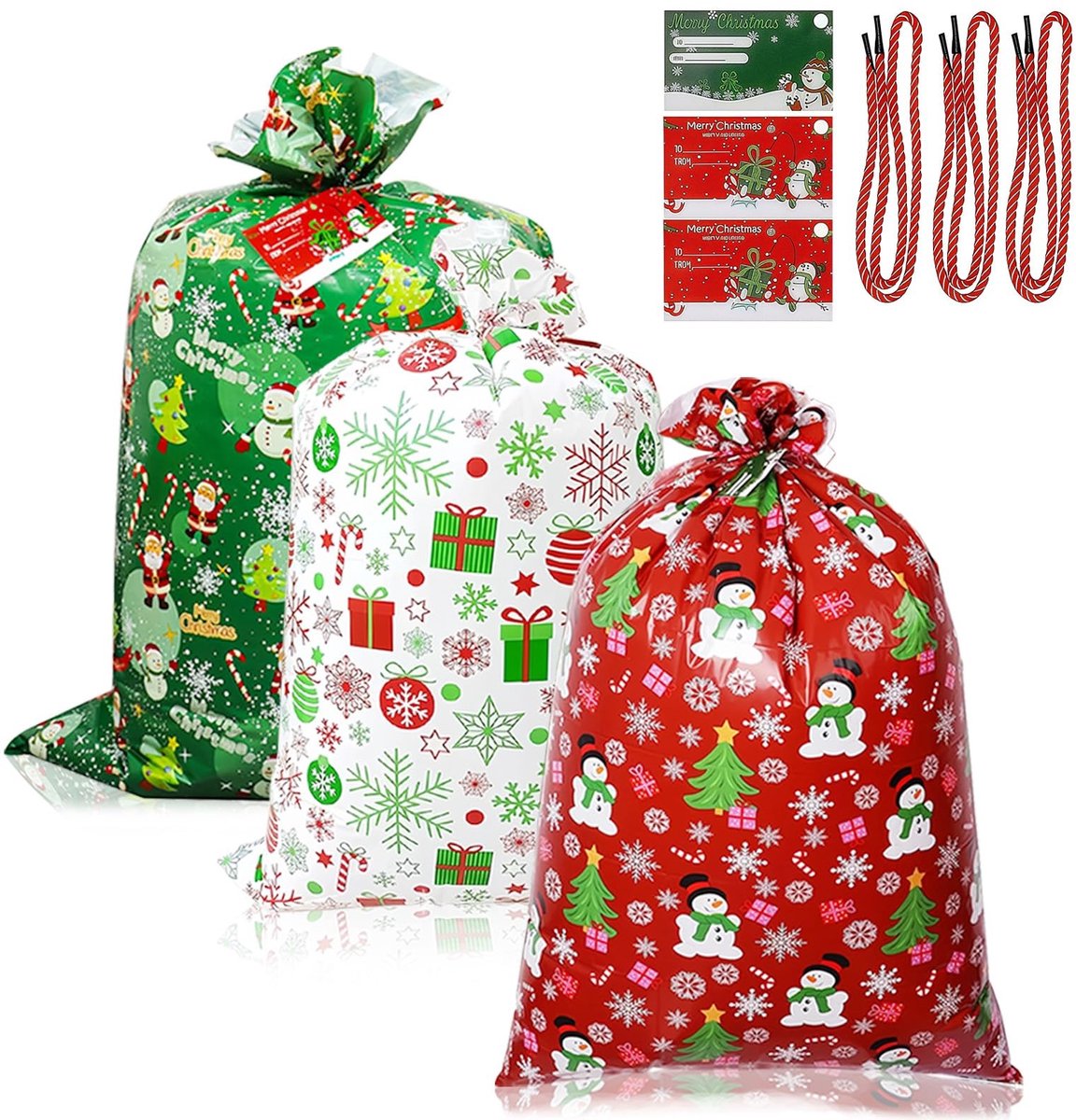 SolidKeus - Set van 3 Grote Kerstcadeautassen met Touw
