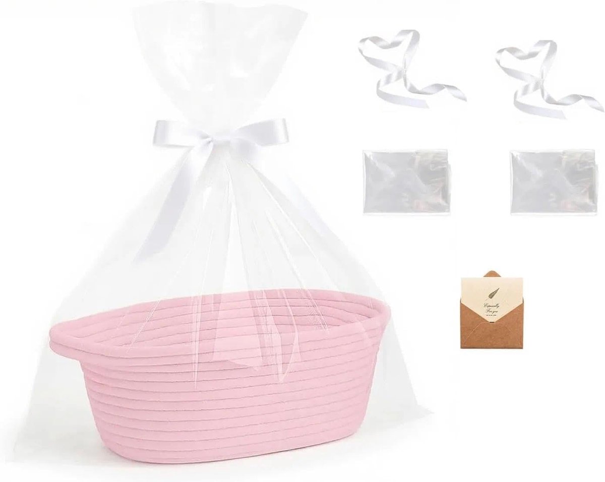 SolidKeus - Gevlochten Cadeau Mand met Strik en Wenskaart (Roze)