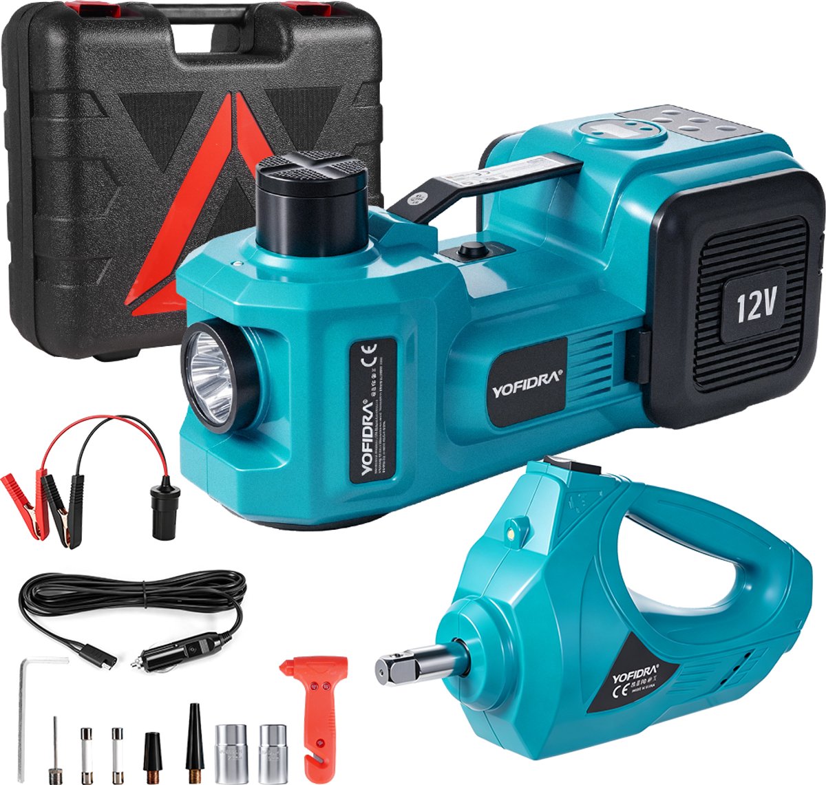 Yofidra Elektrische Autokrik - Hydraulische - met Inflator En slagmoersleutel - 5T 12V DC Krikset - voor het Verwisselen van Banden, Garagereparatie