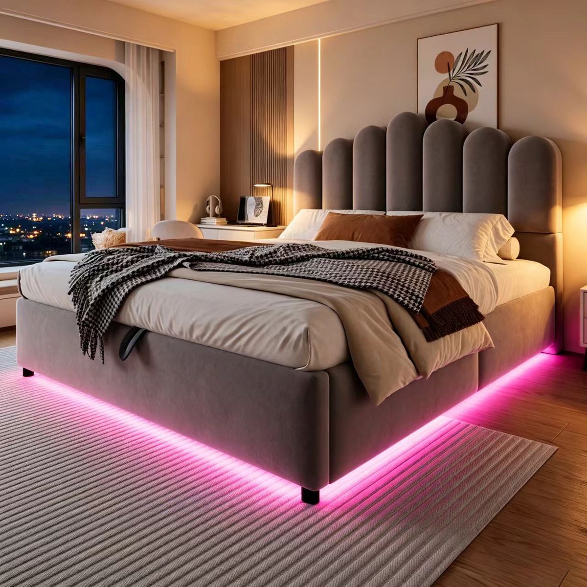 VVBV Tweepersoonsbed 140x200 cm - Hydraulische Opbergruimte, LED-Verlichting, Gestoffeerd Hoofdbord, Met Lattenbodem - Grijs