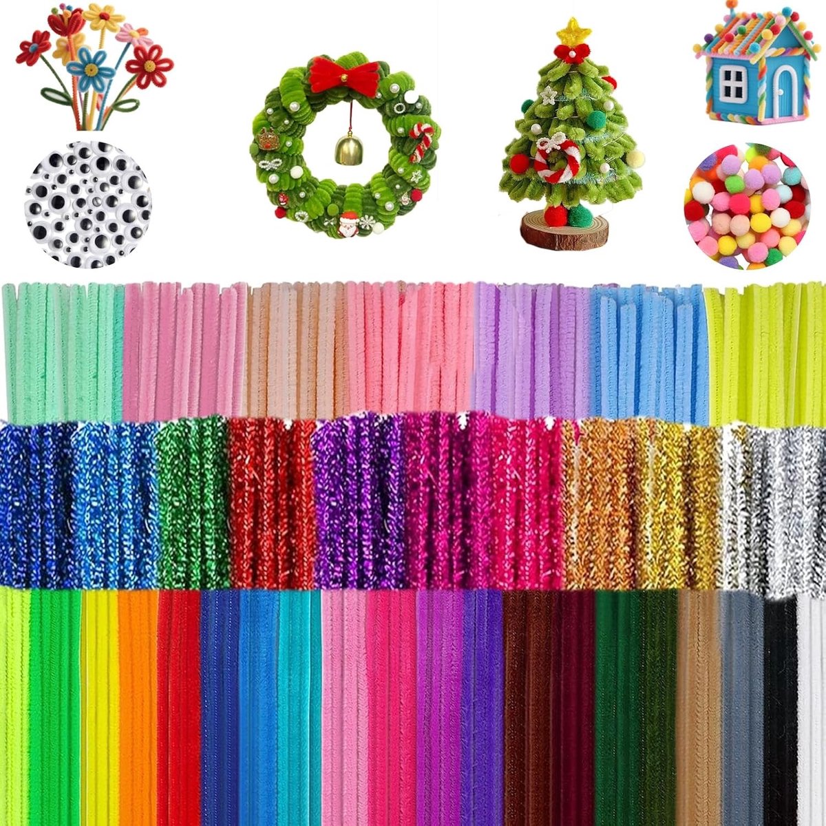 Set van 400 Creatieve Pijpenragers in 27 Kleuren, Inclusief 200 Chenille Draad, 100 Pompoms en 100 Wiggly Ogen voor DIY Knutselprojecten en Creatieve Activiteiten