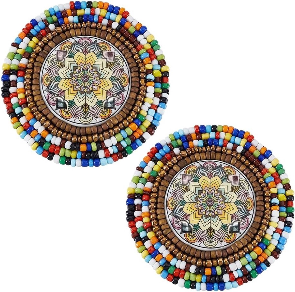 2 Stuks Ronde Decoratieve Applicaties met Zaden, 6.5 cm Beaded Medaillons voor Oorbellen, Kettingen en Kostuums, Perfect voor Accessoires en Creatieve Projecten
