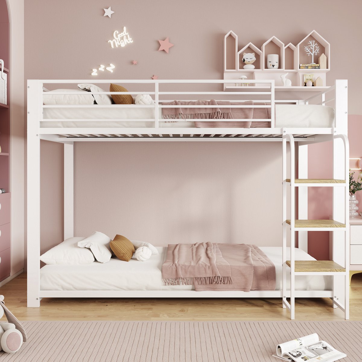 Stapelbed 90*200 cm, Metalen Stapelbed Voor Kinderen, Tweepersoons Stapelbed Met Houten Plank En Ladder, Hoge Valbeveiliging, Wit