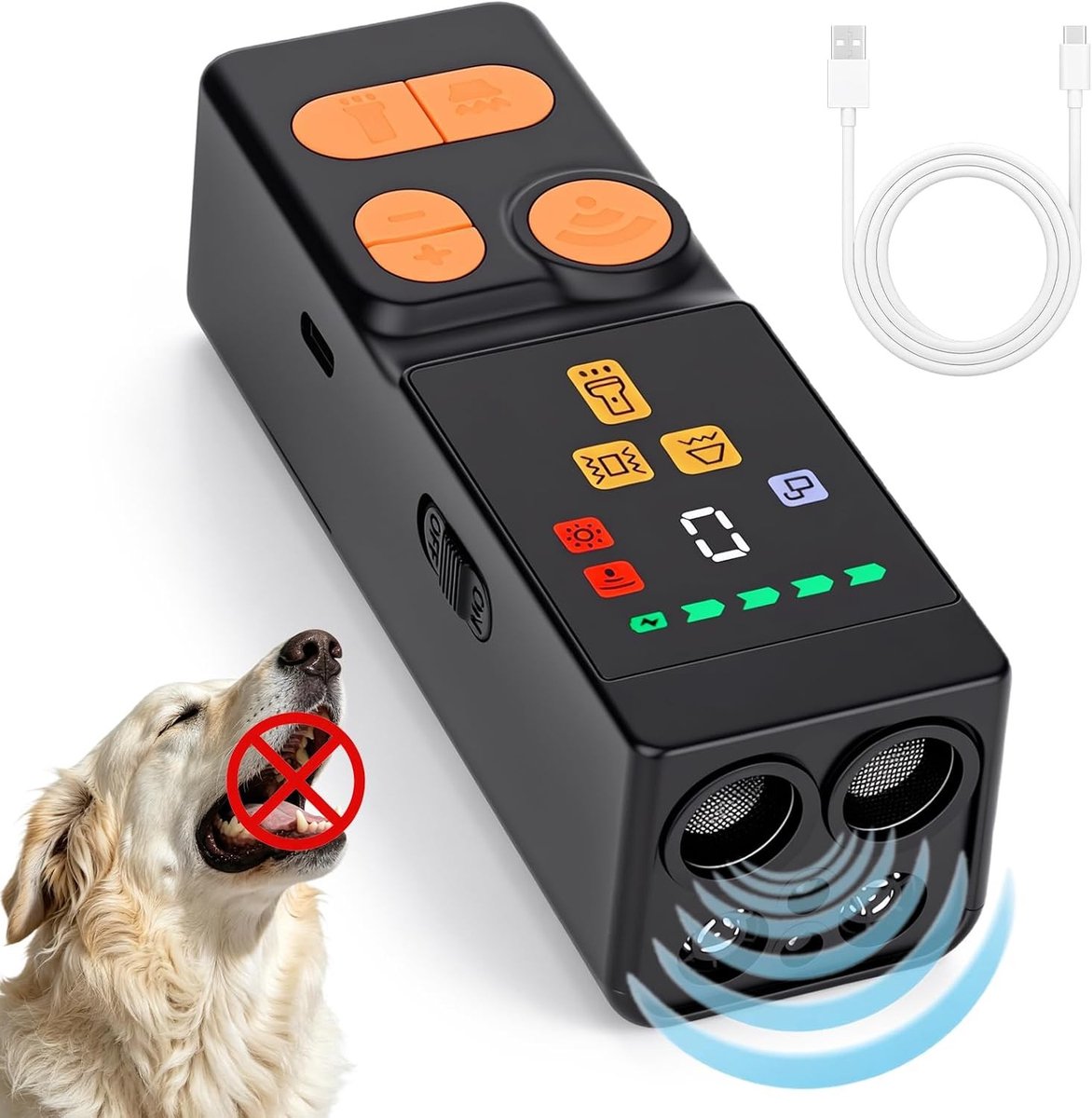 Hondenverjager - Zwart - Handheld Ultrasoon Anti-blafapparaat met 4 Emitters en 10 Instelbare Niveaus - Oplaadbaar en Veilig voor Honden