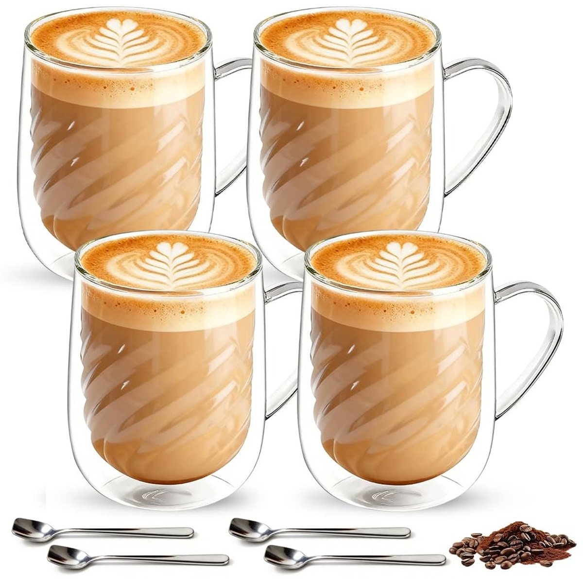 Omgoods - Set van 4 Dubbelwandige Koffieglazen met Lepels