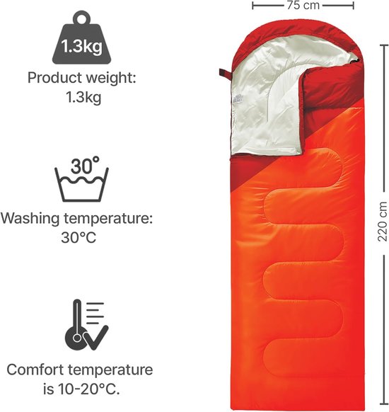 Lichtgewicht Slaapzak - Rechthoekige Slaapzak - Kamperen en Reizen - Waterafstotend Materiaal - 220 x 75 cm - Oranje/rood — afbeelding 5