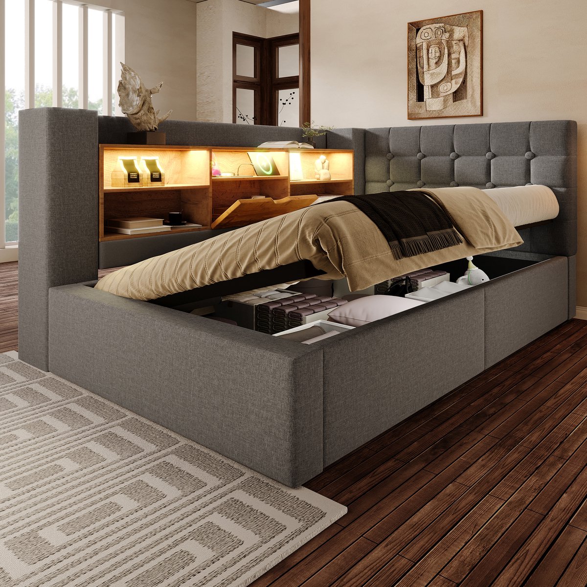 Gestoffeerd bedframe - voor matras 90 x 200 cm - grijs - met LED-verlichting en USB-aansluiting en opbergruimte en lattenbodem - voor de slaapkamer