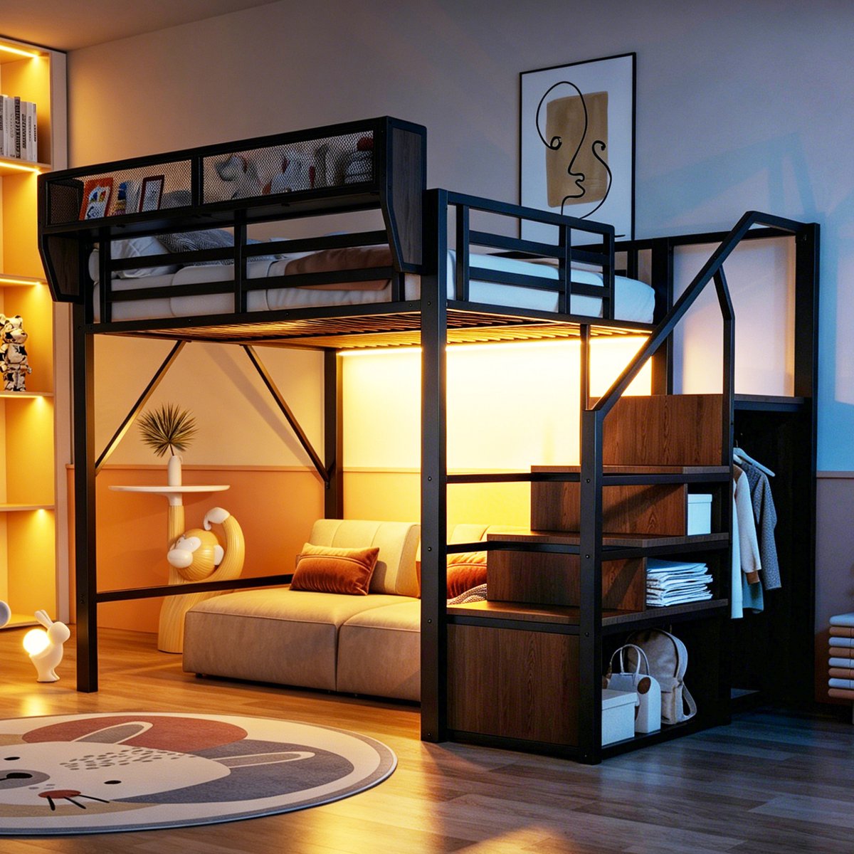Hoogslaper 140X200 Met Led-Lichtstrip, Kinderbed, Veiligheidsladder En Flexibele Opbergruimte. Metalen Bed, Bed Voor Volwassenen, Stapelbed Voor Kinderen.Zwart