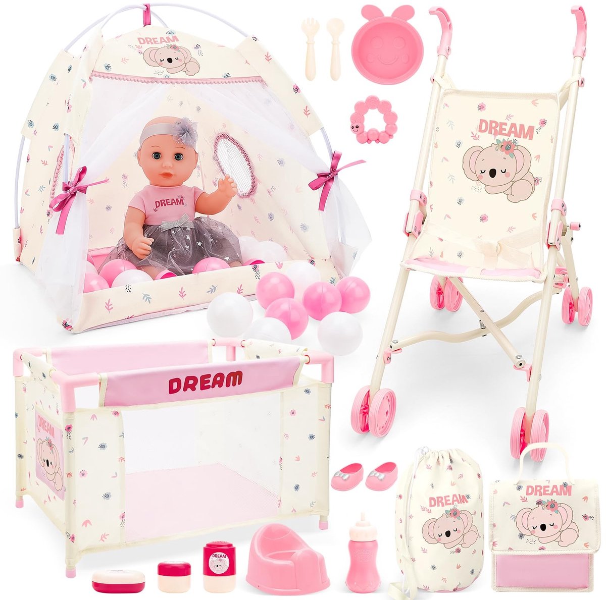 SolidKeus - 5-in-1 Baby Pop Speelset met Kinderwagen, Bed en Tent