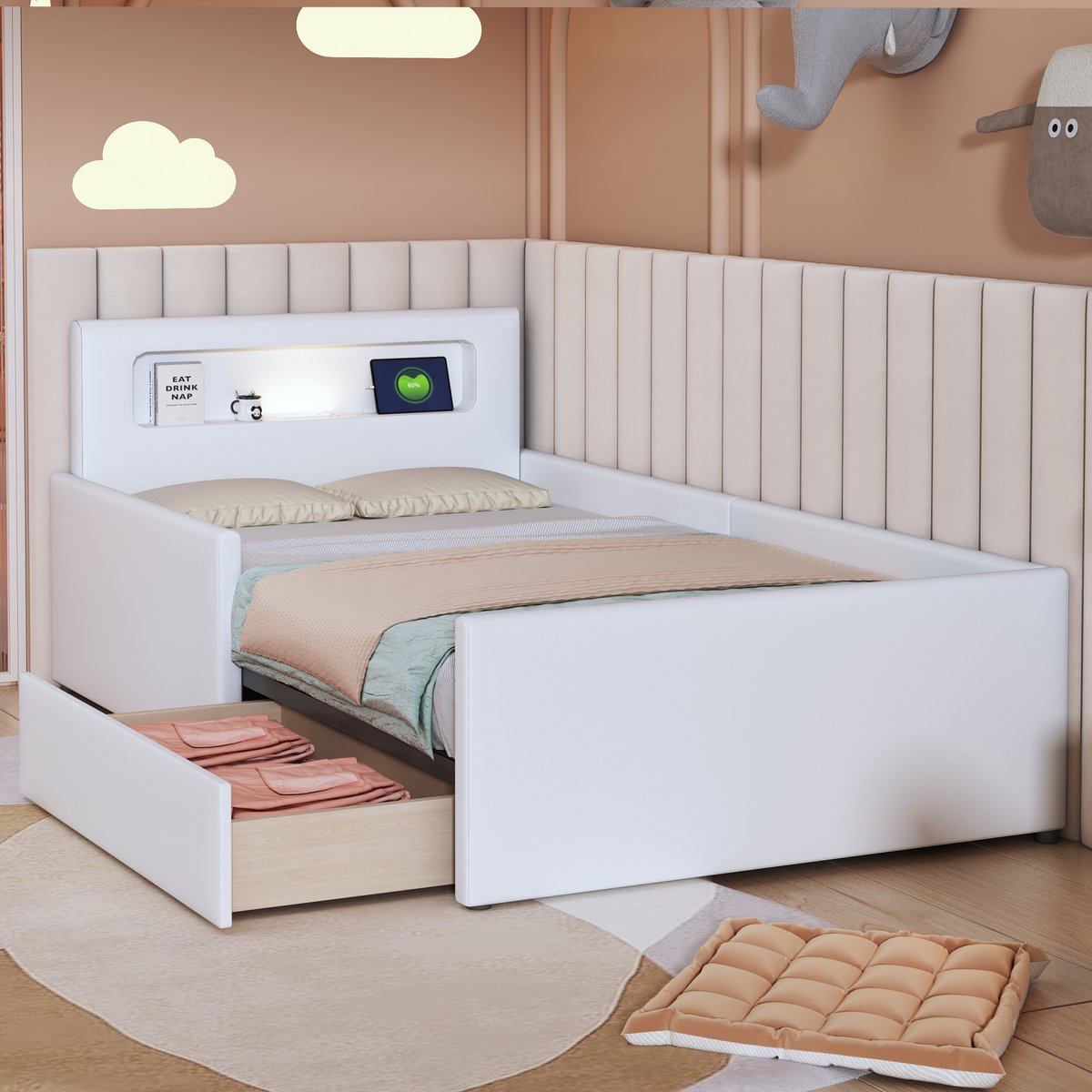 Kinderbed - voor matras 90 x 200 cm - wit - met LED-verlichting en USB-aansluiting en opbergruimte - matras niet inbegrepen - voor de slaapkamer
