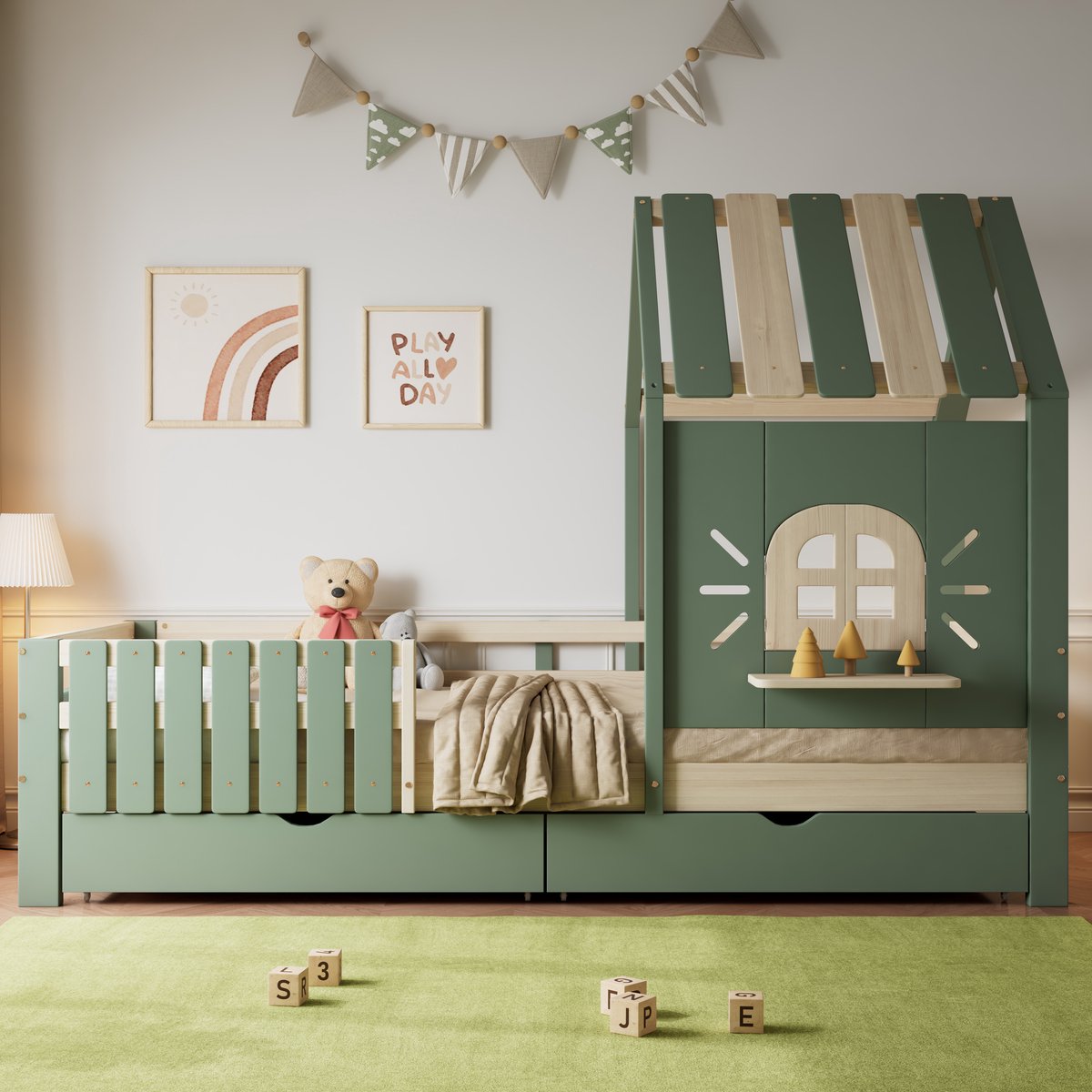 Kinderbed - voor matras 90 x 200 cm - groen - met USB-aansluiting en opbergruimte en lattenbodem - matras niet inbegrepen - voor de slaapkamer
