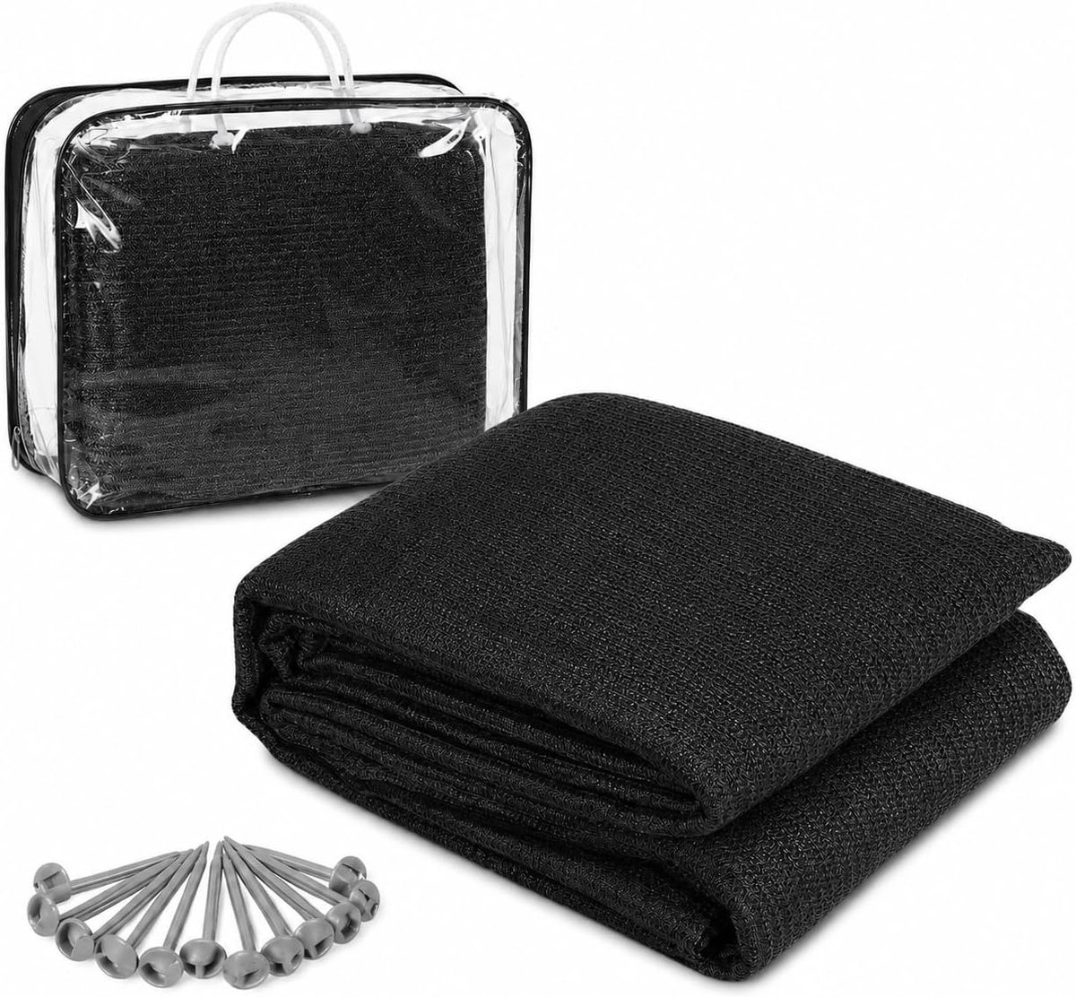 Campingtapijt 240 g/m² HDPE, 200 x 200 cm tentbodem met 12 ogen, 13 stootpennen en draagtas, waterdoorlatend ademend antislip, Zwart