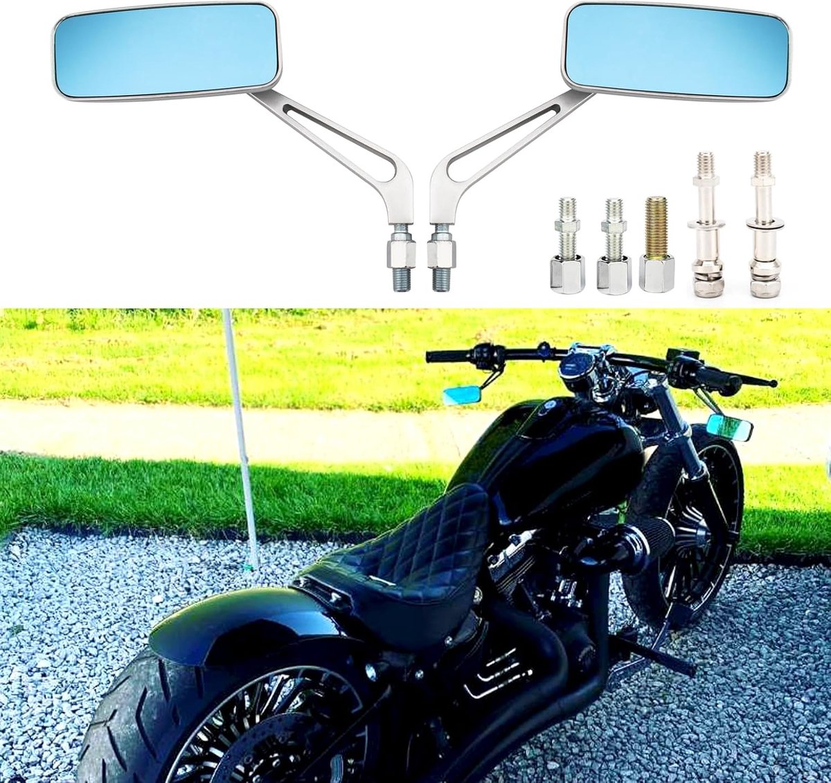 Achteruitkijkspiegel, rechthoekig, retrostijl, zijspiegel, vervanging voor street bikes, sportbikes, chopper, cruiser, scooter, zilver voor Harley