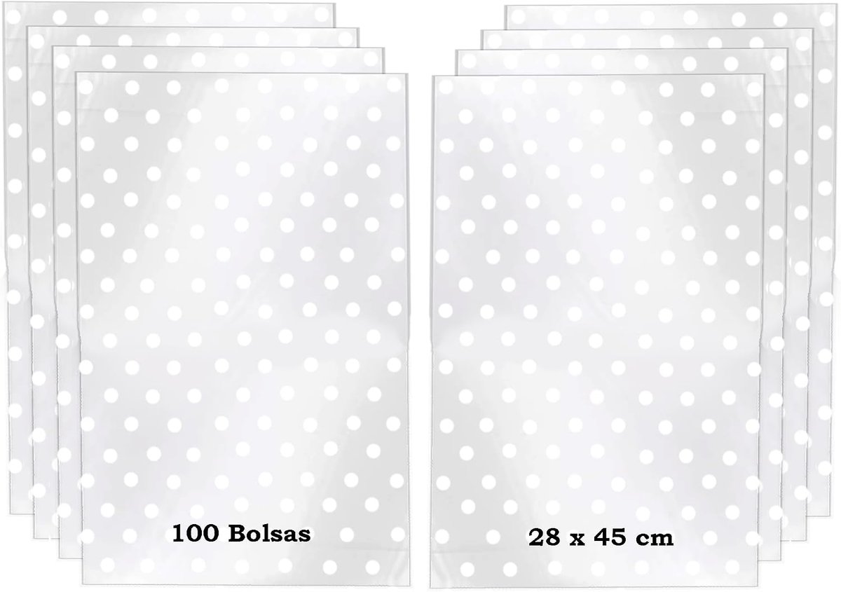 100 zakjes voor snoep, transparant, cellofaan, met witte stippen, 100 metalen strikken, 28 x 45 cm, 100 grote zakjes