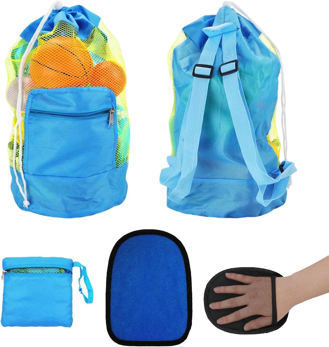 Strandspeelgoedtas, 48 x 24 cm, zandspeelgoed, draagbaar, mesh, blauw, strandspeelgoedtas, groot, opvouwbaar, voor kinderen, met handschoenen