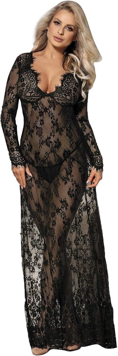Comeondear Damesjurk, sexy, kant, lange mouwen, V-hals, negligé, transparant, zwangerschapsjurk, prikkelende lingerie met G-string, zwart, M-L