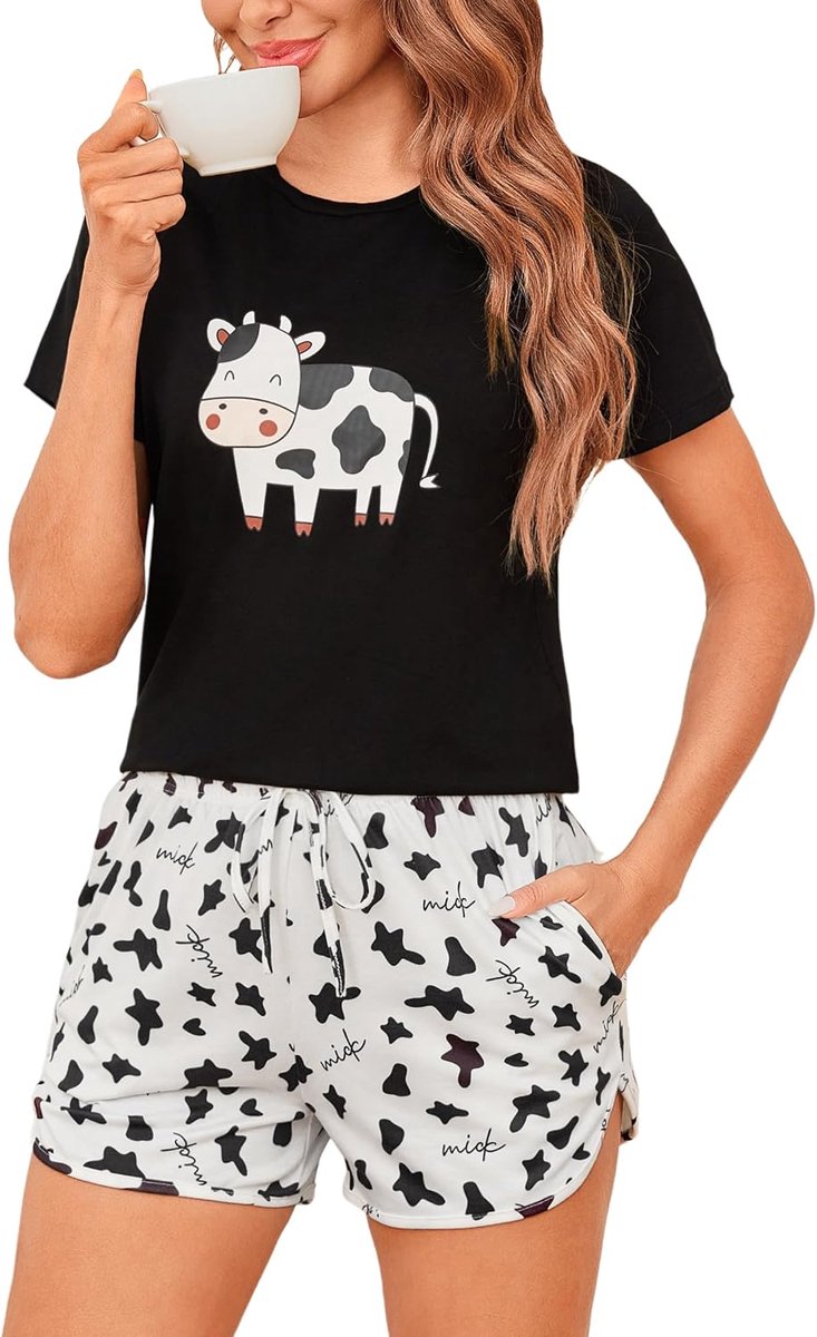 Damespyjama, katoen, shorts, zomer, korte mouwen, pyjamaset, kort, hartprint, nachtkleding, comfortabel, zacht, ademend