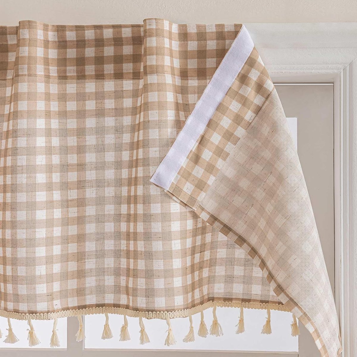 Gordijnen keuken, vitrage landhuisstijl geruit zonder boren, enkel paneel, eenvoudige installatie voor keuken, woonkamer, café (melkkoffie-h 43 x b 132 cm, 1 stuks)