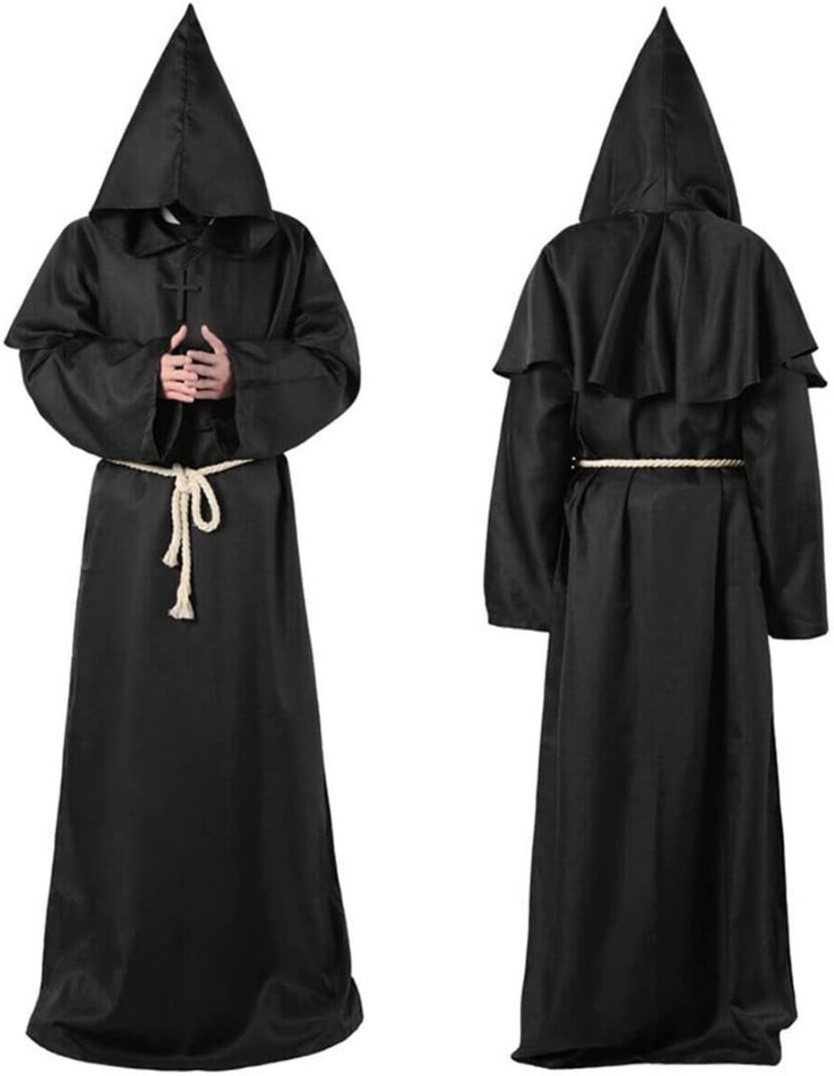 Halloween-decoratie, middeleeuwse renaissance, monnik met koord, mannen priester met kruis voor themafeest, Halloween, cosplay, carnaval en carnaval