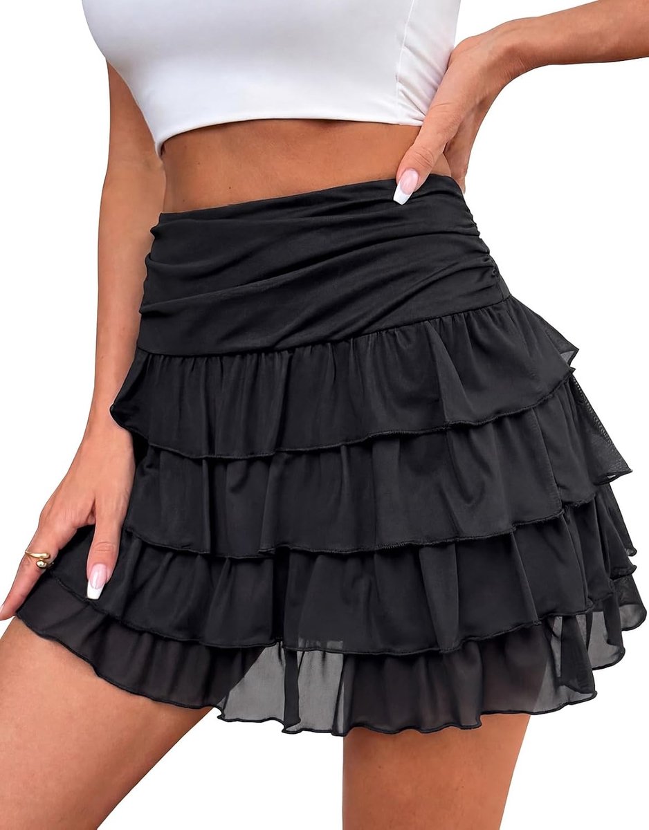 Mini-rok met ruches voor dames, elastische taille, gelaagde mesh-rok met shorts