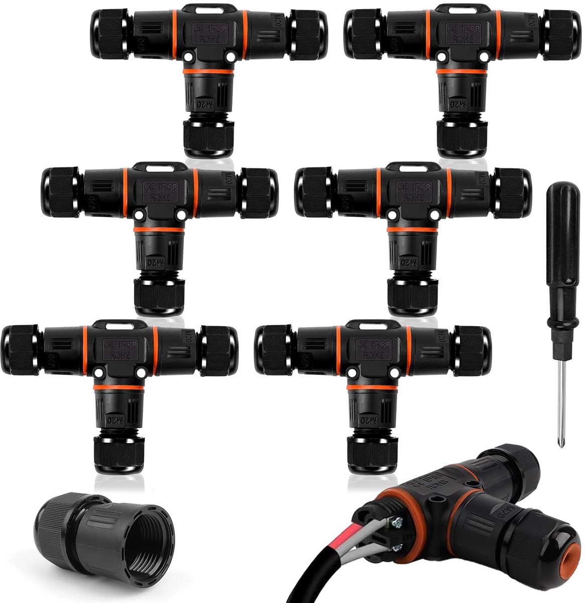 Kabelverbinder, waterdicht IP68, kabelverbinder, T-vorm, waterdicht, 3-polig, 3-weg aardingskabelconnector, Ø 3-12 mm, kabeldiameter voor tuin, buiten, 6 stuks