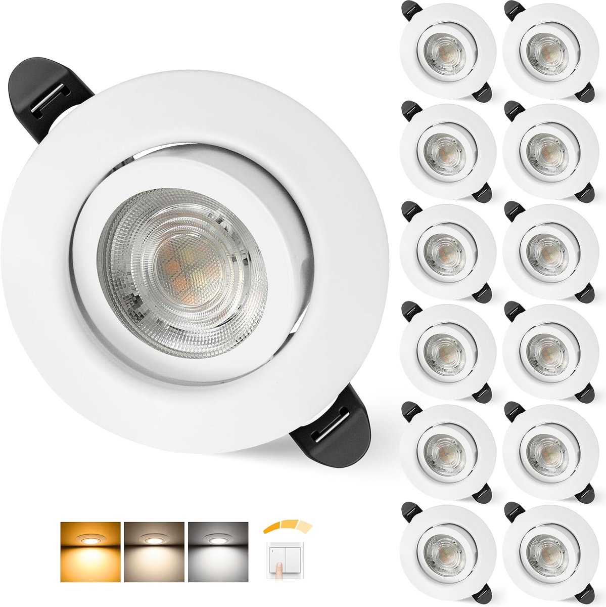 Inbouwspot 230V Dimbaar 68mm 5.5W IP44 LED Spots Ultraplatte Plafondspots 45° Draaibaar Inbouwspots Warm Wit Neutraal Wit Koudwit Inbouwspots Voor Badkamer Woonkamer, Wit Set Van 12