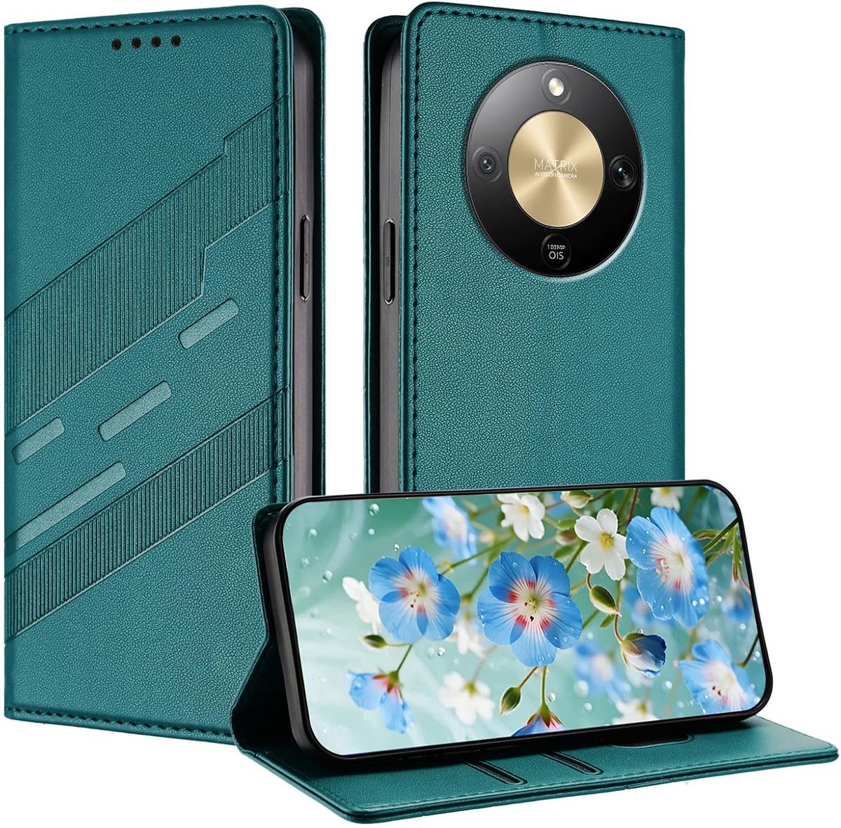 Magnetische foliohoes voor Honor Magic 8 Lite, premium PU/TPU stootvaste leren hoes, met kaartenvak, standfunctie, portefeuille, telefoonhoes beschermhoes, donkergroen
