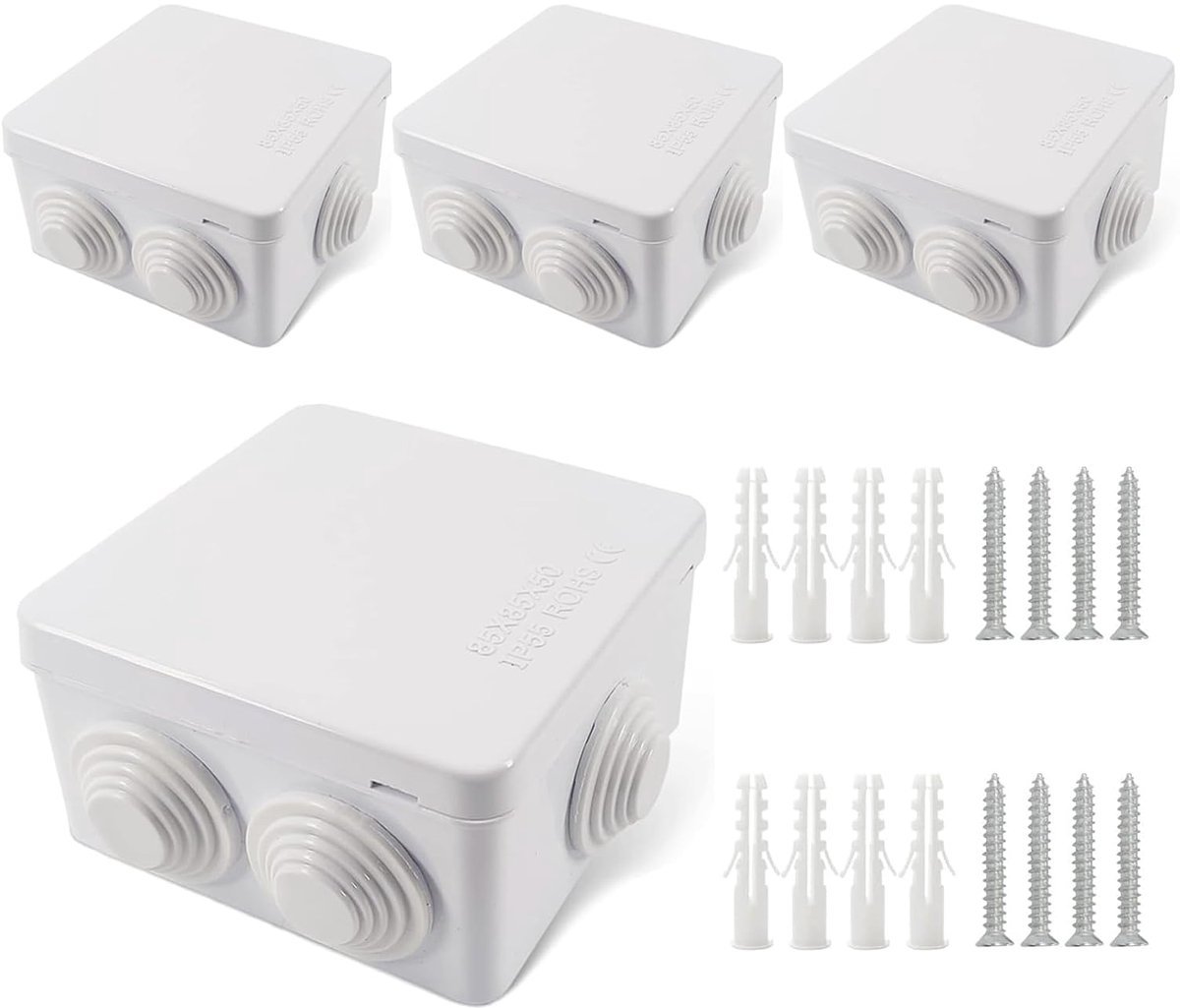 4 stuks aansluitdoos, waterdicht IP55, verdeeldoos opbouw 85 x 85 x 50 mm, aansluitdoos, verdeeldoos, met schroef, voor binnen en buiten