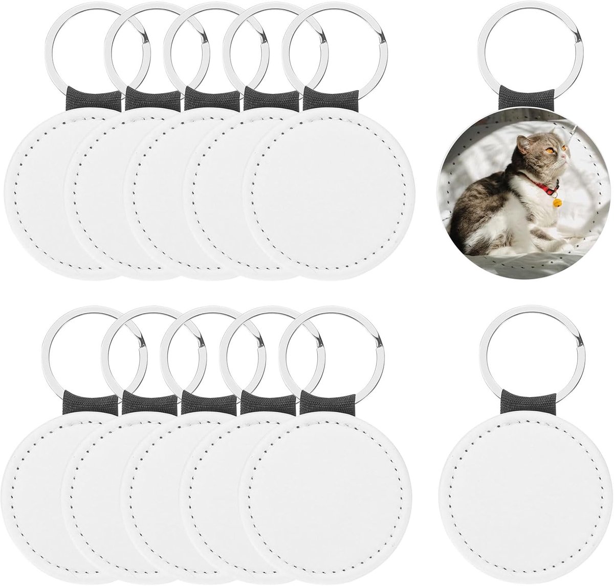 Witte sublimatie sleutelhangers, 12 stuks ronde sleutelhangers van PU-leer, dubbelzijdig voor warmteoverdracht voor doe-het-zelf creaties, wit