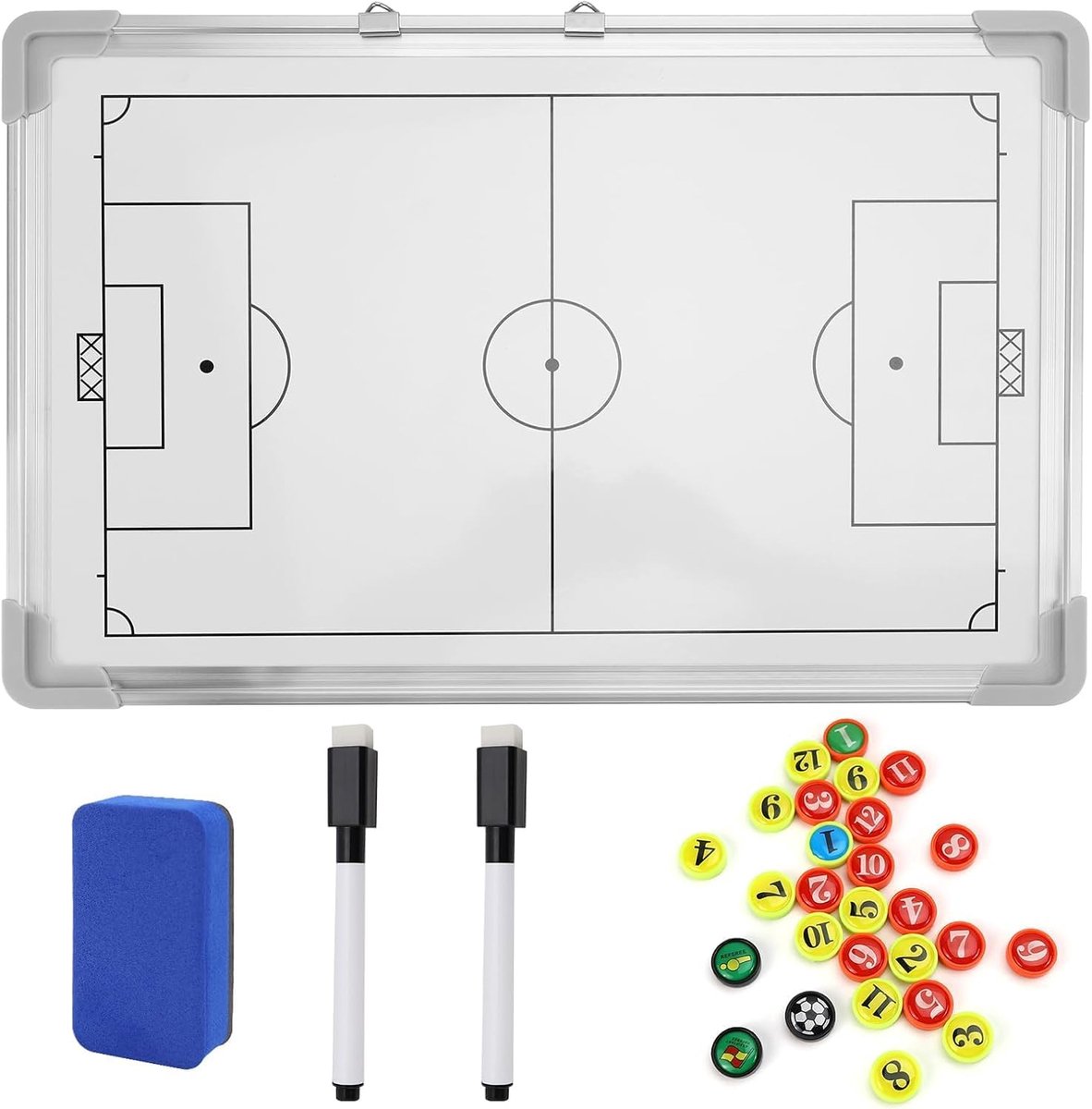 Voetbalbord, dubbelzijdig magnetisch tactisch bord voor voetbaltrainer, 45 x 30 cm, draagbaar whiteboard voor training en spelanalyse, speelveld + halfveld