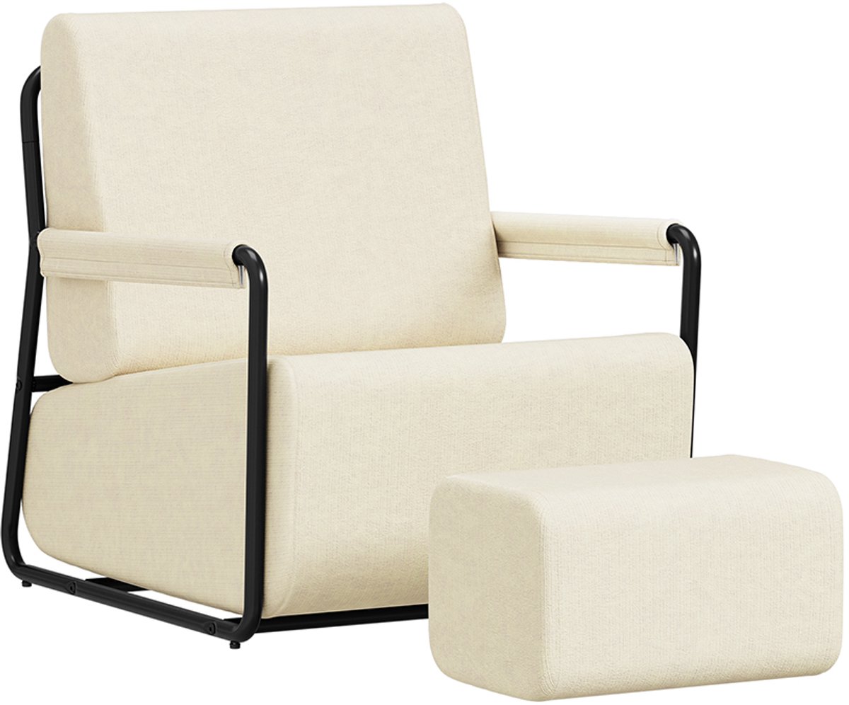 SoBuy Fauteuil met Voetenbank - Crèmekleurig Zwart Stof - Met Metaal Frame en Verstelbare Armleuningen - Bijpassende Voetenbank Inbegrepen | FST99-MI