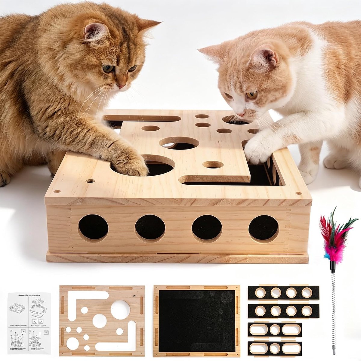 Krabpuzzel voor katten, 2-in-1 nagelvijlen, doos met schuurpapier, interactief kattenspeelgoed, hout voor stressvrije klauwverzorging en meubelbescherming, krabplank vervanging voor huiskatten, natuur