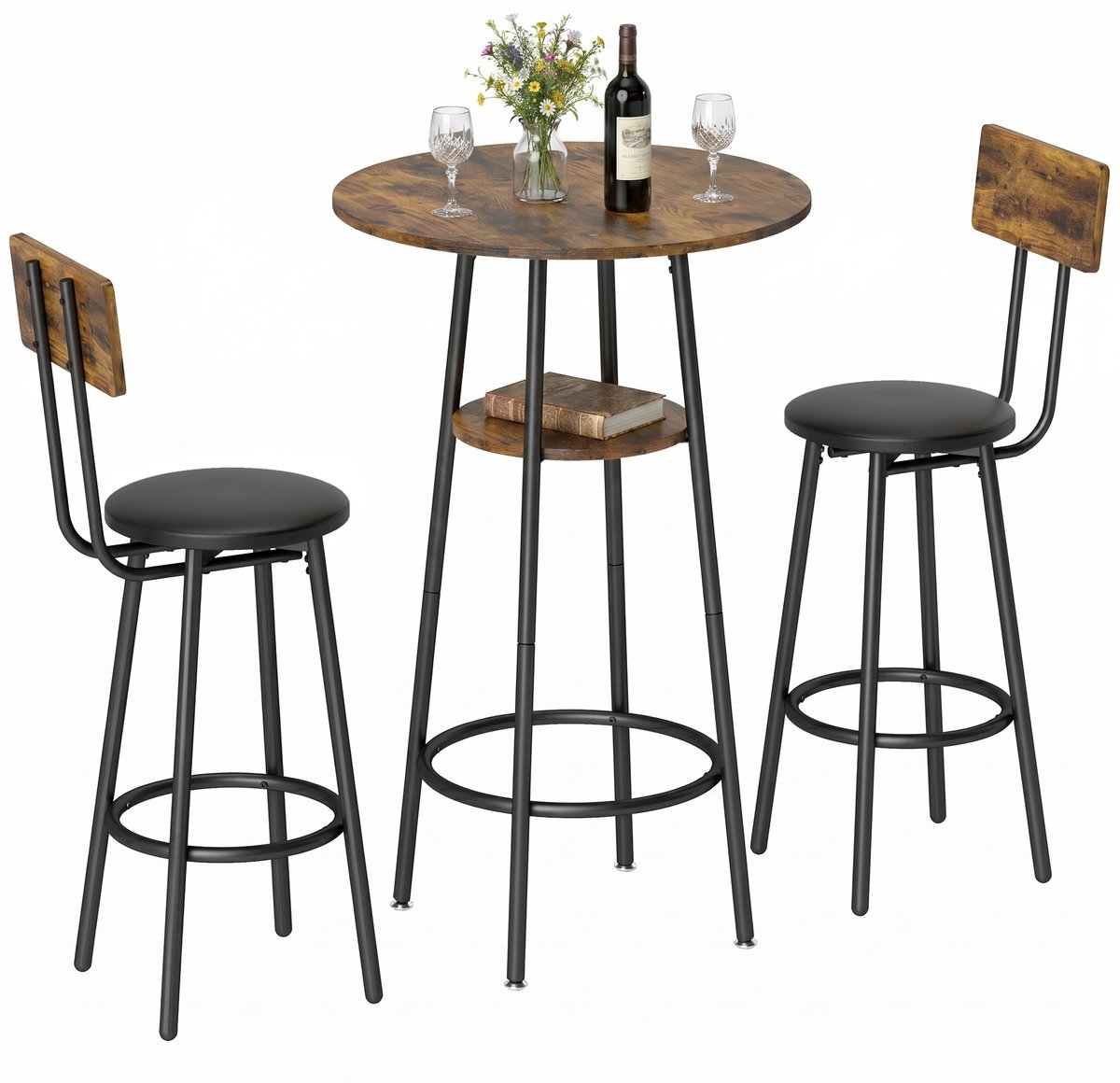 Sogiol® Industriële Bartafel met 2 gestoffeerde barkrukken - voetensteunen - metalen frame - keukentafel met plank - rustiek bruin