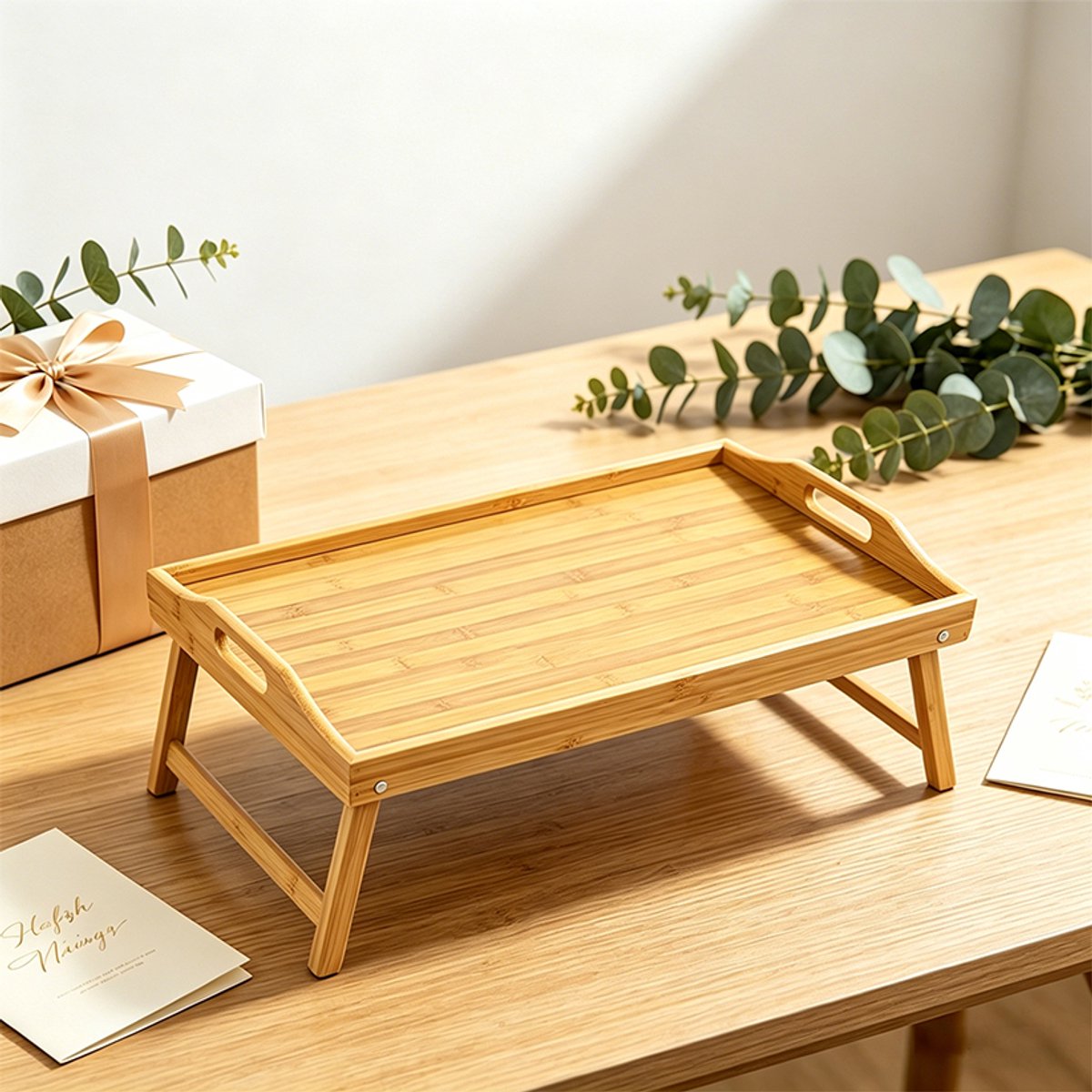 Opvouwbaar Serveerblad Van Bamboe, Nachtkastje Met Inklapbare Poten, Multifunctioneel Ontbijtblad Voor Op Schoot, Opklapbare Bedtafel. — cadeau in Koken & Dineren - foto 6
