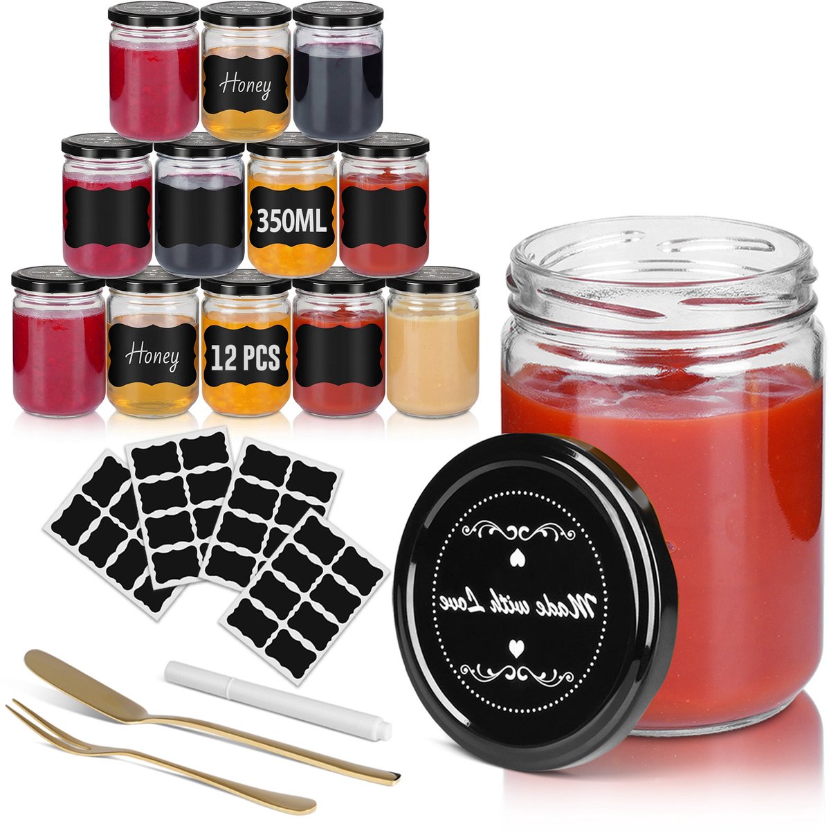 Soontrans - Inmaakpotten - Jampotten - 12 jam pot - Schroefdeksel Voorraadpotten - 350ml Glazen potten - Conservenpotten voor jam/honing - Weckpotten - Zwarte Deksel