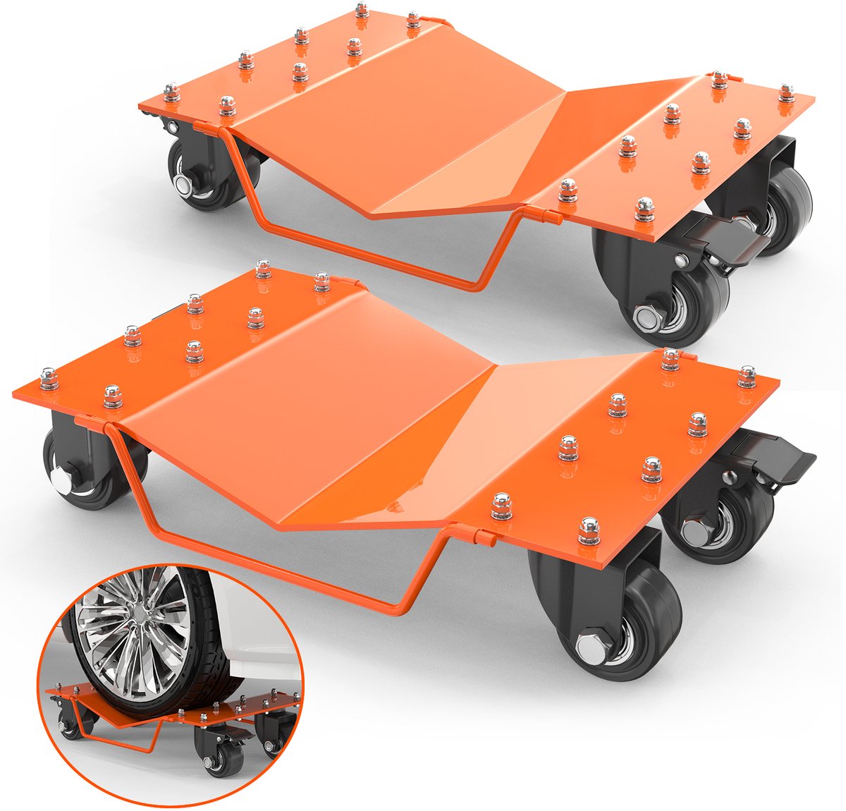 HoerFuriy - Auto Wiel Dolly Set 2‑Stuks - V‑Vormige Band Skates - 360° Zwilwielen Met Kogellagers En Vergrendeling - Totale Draagcapaciteit 8000 Lb Voor Garage En Autoreparatie - Oranje