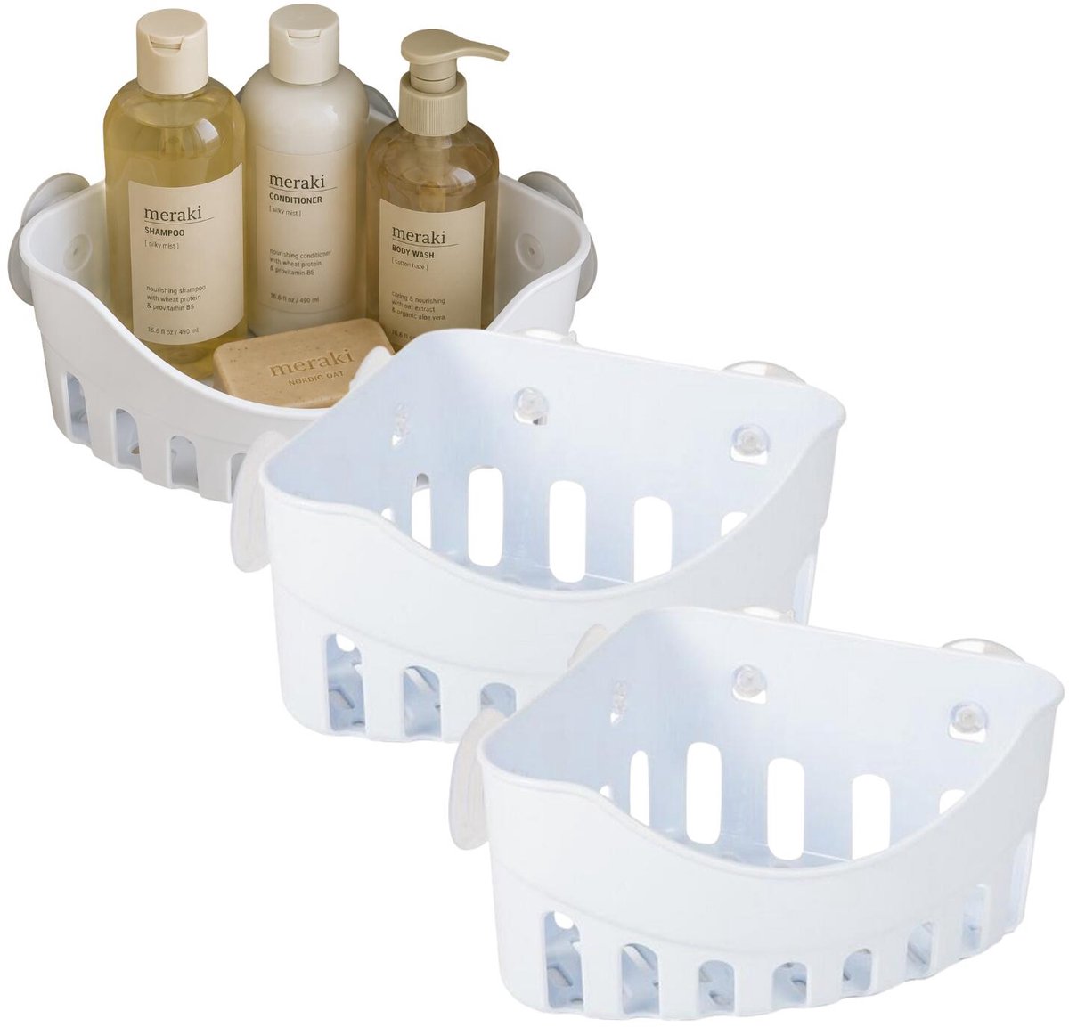 Toyma Badkamerorganizer - 3x - met zuignappen - wit - 20 x 20 x 11 cm - hoekmodel