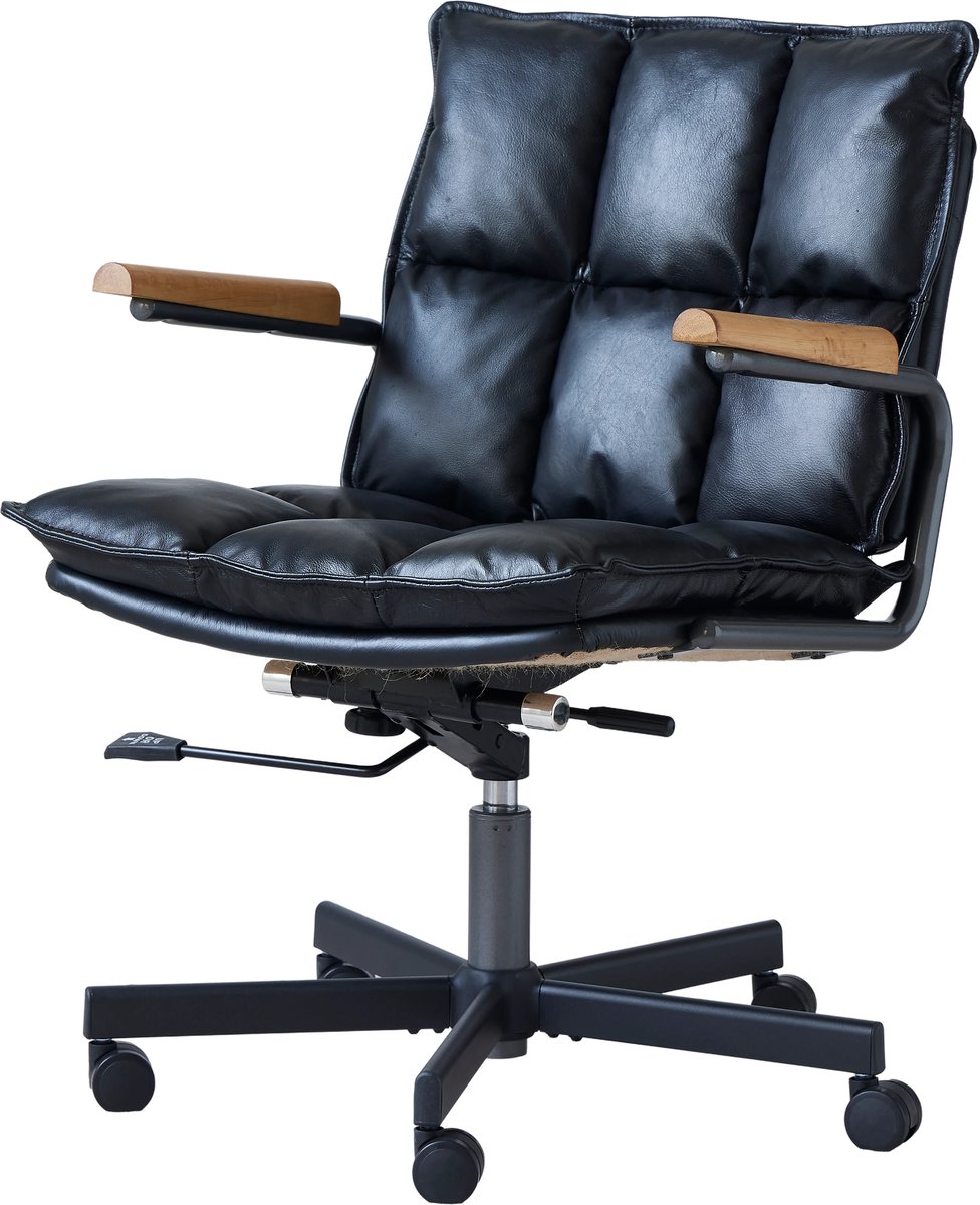 COVREO Bureaustoel 65x58x97 cm zwart leer, met wielen en houten armleuningen