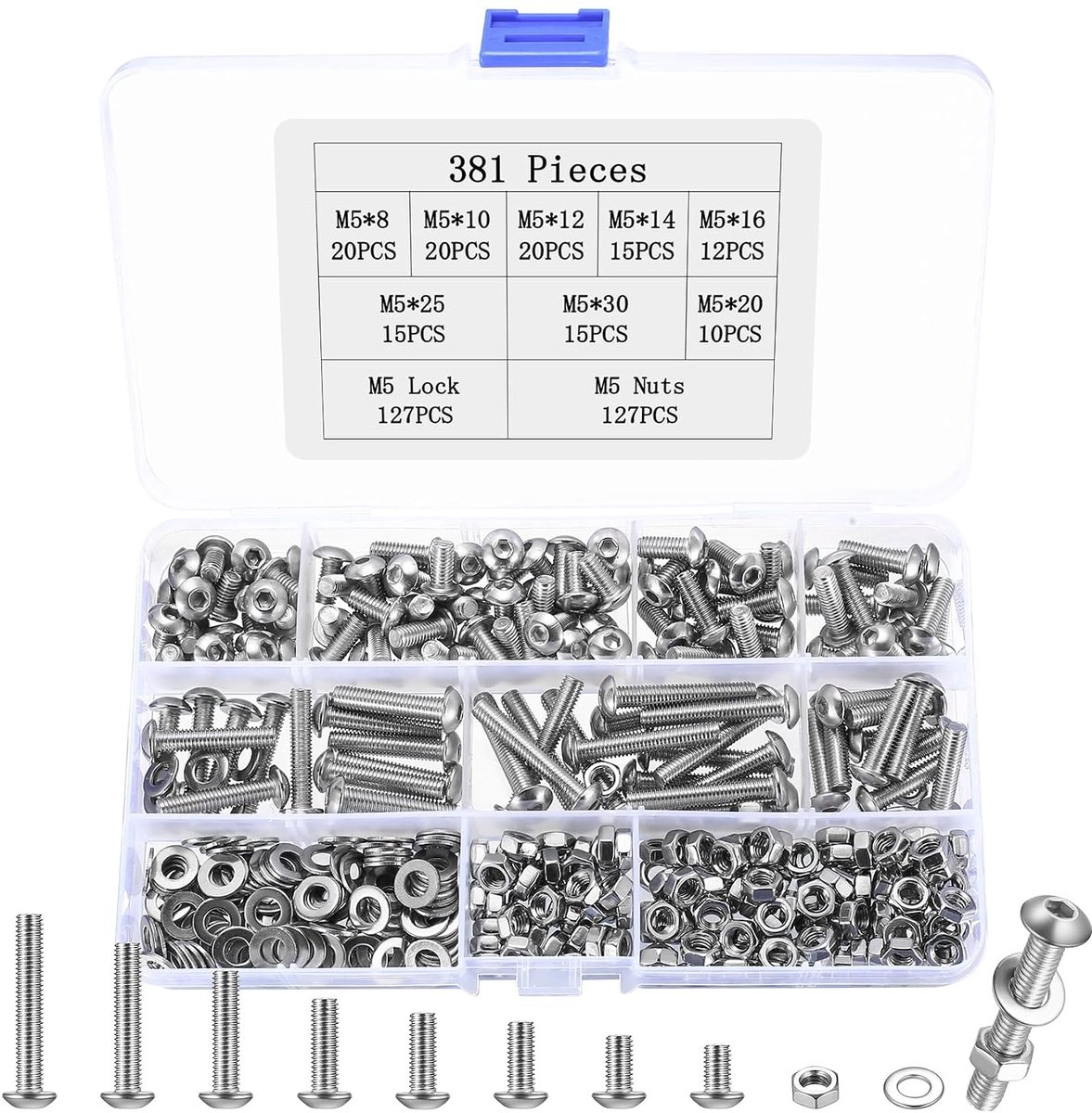 381 stuks M5 schroevenset - lenskopschroeven - moeren - schroefdraadschroeven met lenskop - binnenzeskantschroeven - assortiment machineschroeven - roestvrijstalen schroeven met sluitringen - sets