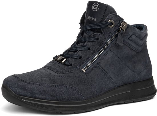 Donkerblauwe suède hoge sneaker met veters, zilveren rits en zwarte zool.
