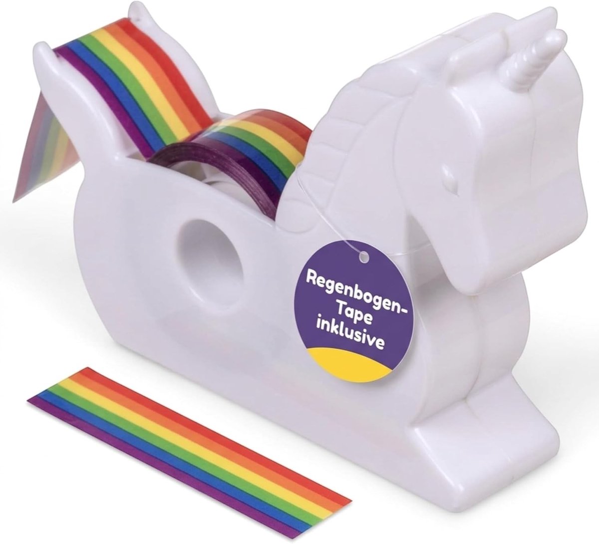 Eenhoorn Tape Dispenser - Wit - 10 x 9 x 3 cm - Kunststof Kantoorhulp met Regenboogtape - Voor Cadeaus en Knutselen