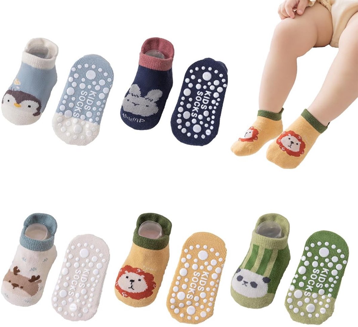 SolidKeus - 5 Paar Antislip Baby Sokken met Dierenthema
