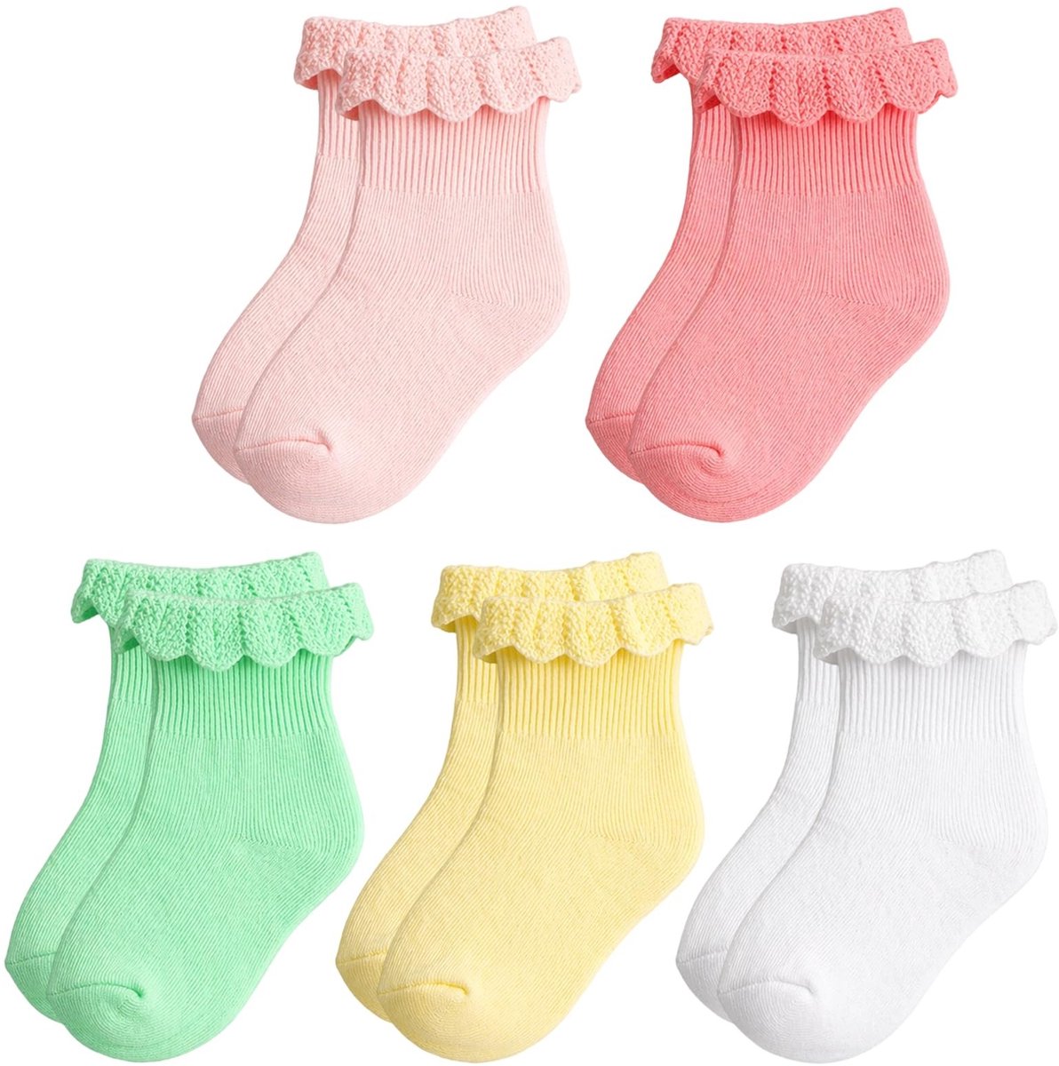 SolidKeus - Set van 5 Paar Antislip Baby Sokken met Ruches