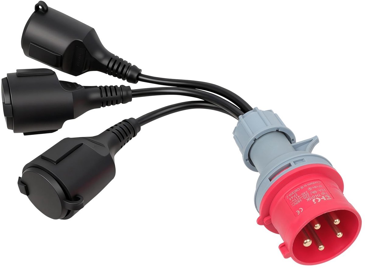SolidKeus - CEE Adapter 400V 16A met 3 Schuko Stopcontacten