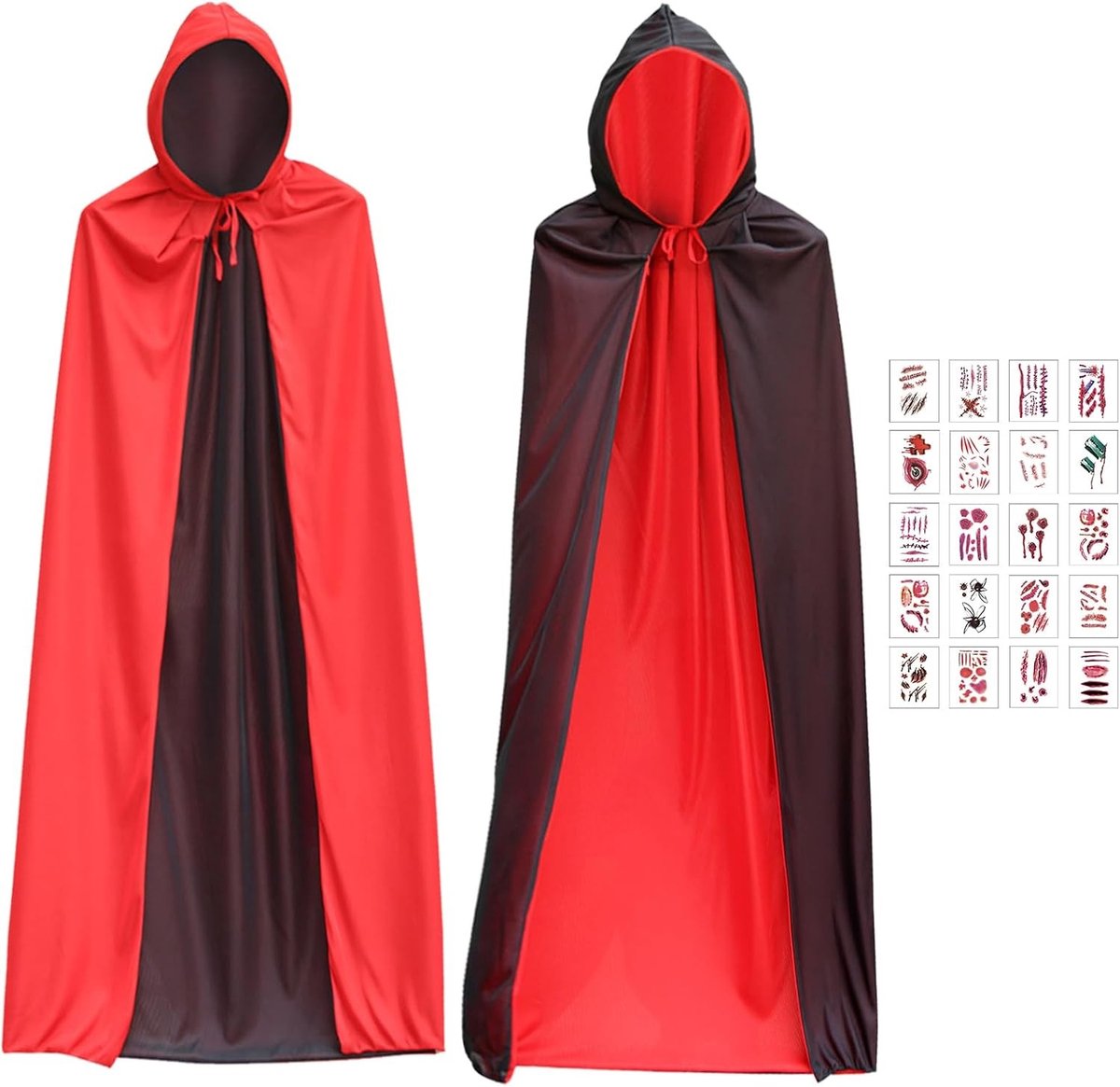 Zwart Rood Halloween Kostuum met Kap, Vampier Cape van 90 cm, Middeleeuws Kostuum met Tijdelijke Waterdichte Stickers voor Carnaval en Cosplay
