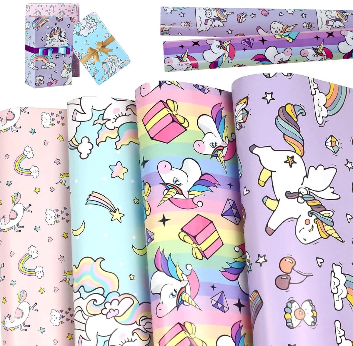 SolidKeus - 4 Vellen Verpakkingpapier met Unicorn Thema voor Kinderen