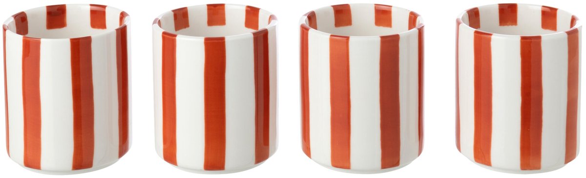 J-Line kopje Gestreept - steengoed - cognac/wit - 4 stuks