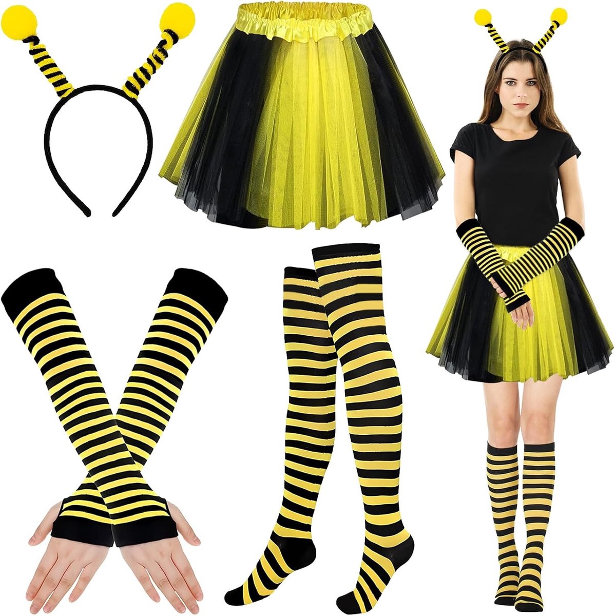 Zesdelige bijen- en lieveheersbeestje kostuumset met tule rok en vingerloze handschoenen voor volwassenen, perfect voor feestjes en carnaval