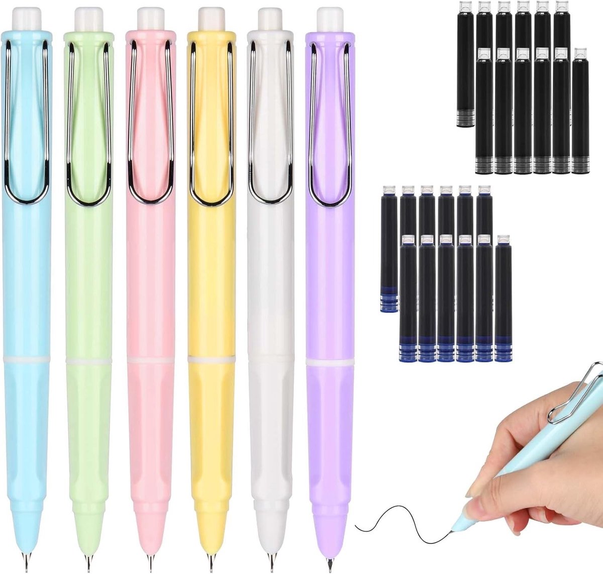 Intrekbare vulpen - 6 stuks met zachte antislip grip en 24 stuks inktzakken