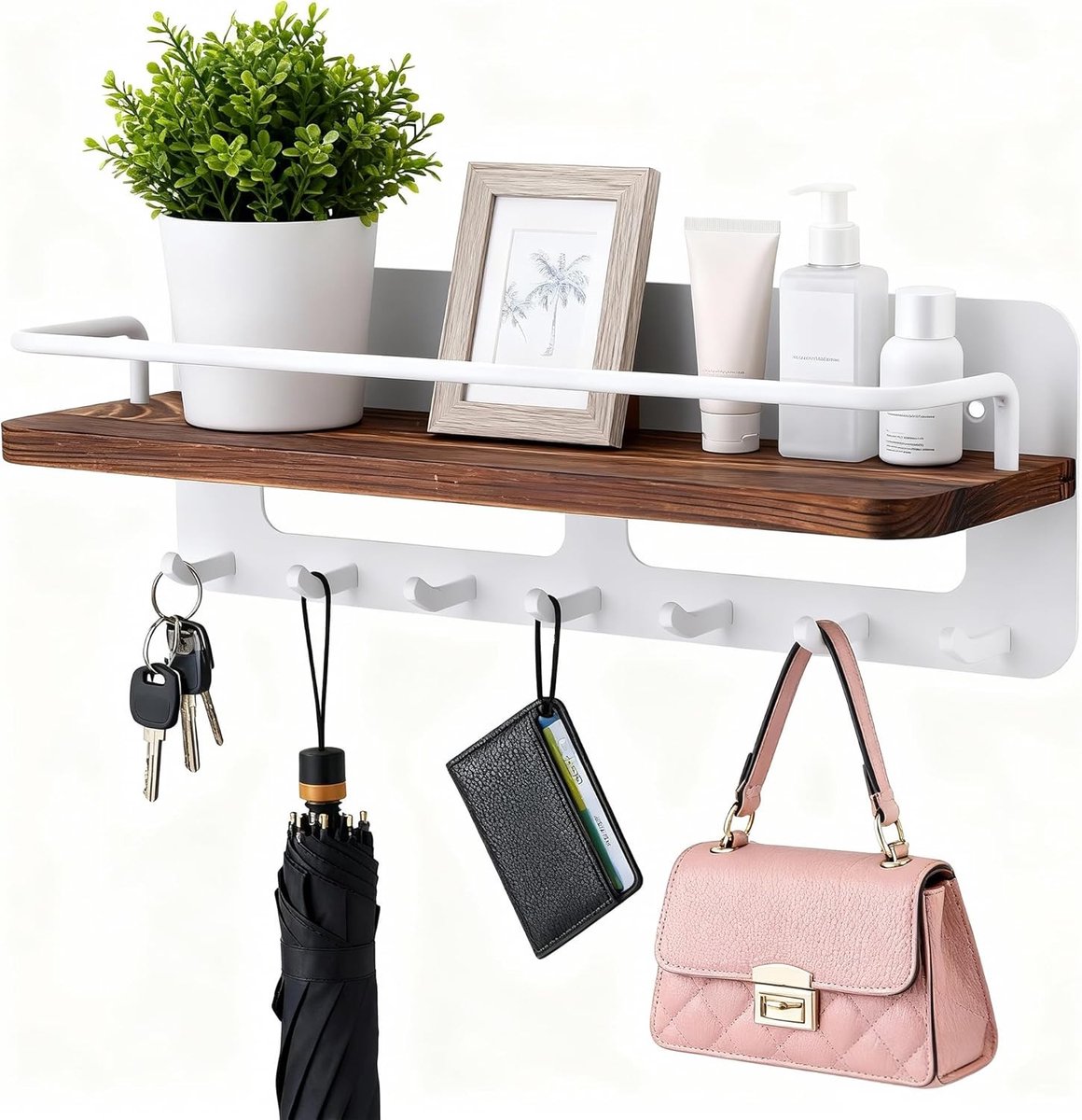 Houten Sleutelhanger met Plank, Decoratieve Sleutelhouder met 7 Haakjes voor Entree, Hal, Slaapkamer en Woonkamer
